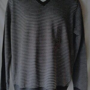 Men's Gray Striped V Neck Sweater Marino Wool Small XL NWT